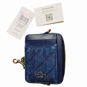 Coach Denim Blue Quilted Smooth Leather Zip Closure Wallet Chain Card Slots